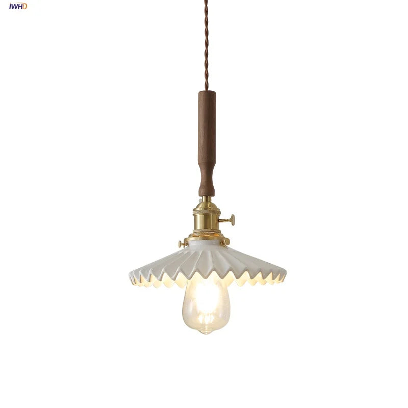 Ceramic Walnut Wood LED Pendant Light Fixture for Dining Room and Home Decor