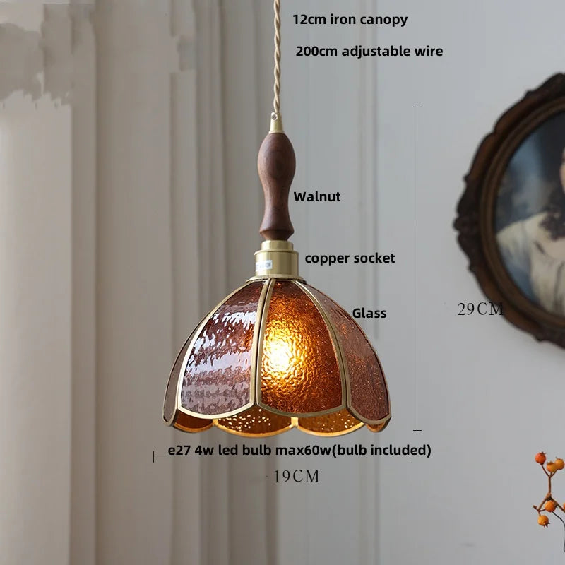 Walnut Wood LED Pendant Lamp with Cyan Glass Shade