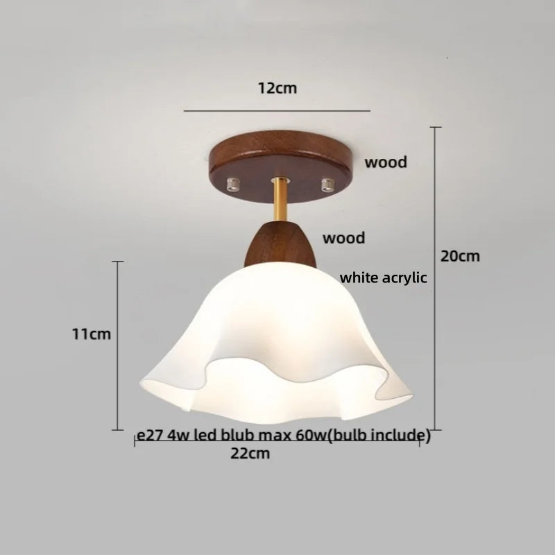 Pale Yellow Glass Wood LED Ceiling Lights Flush Mounted Round Nordic Modern