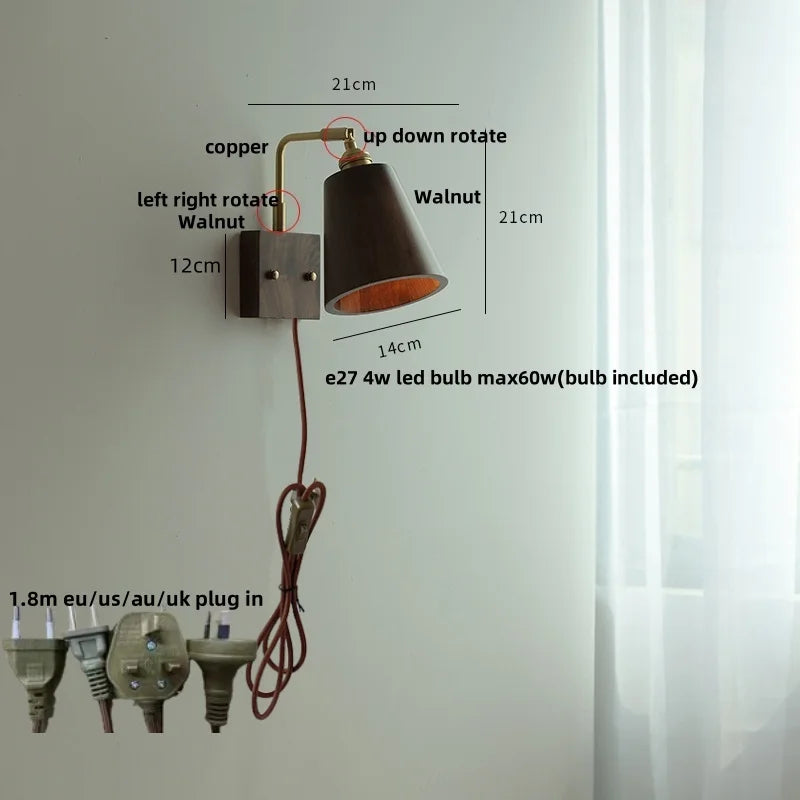 Walnut Wood LED Wall Sconce, Copper Toggle Switch, Vintage Loft Style