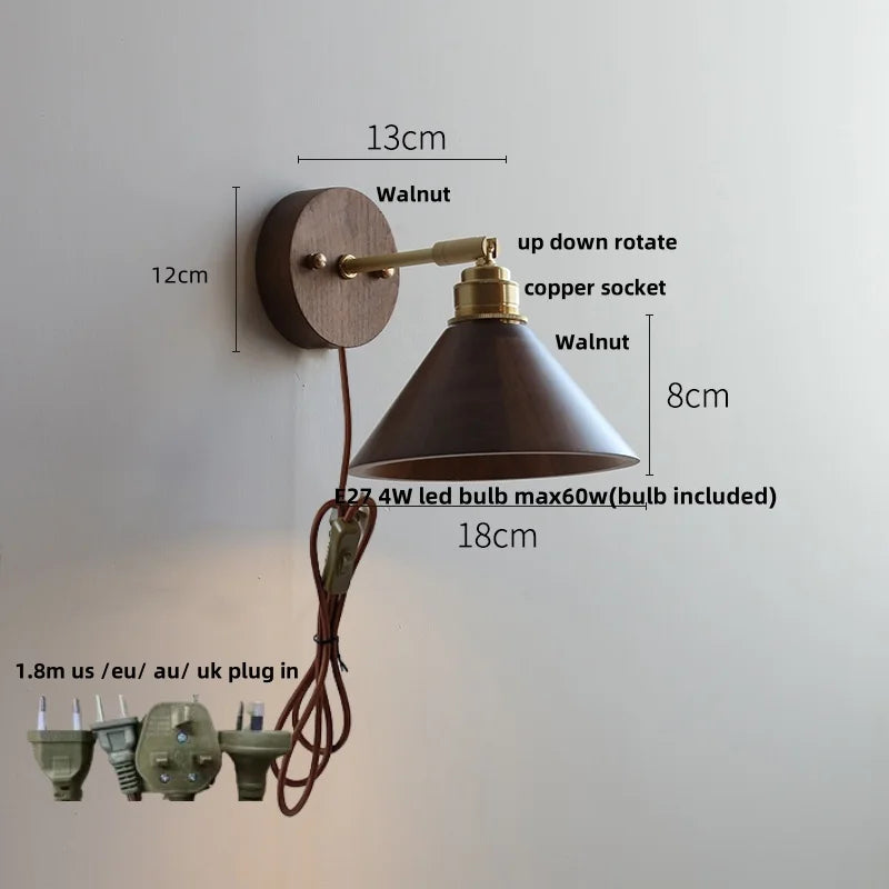Glass LED Wall Light Walnut Wood Sconce Fixture Modern Nordic Lampara