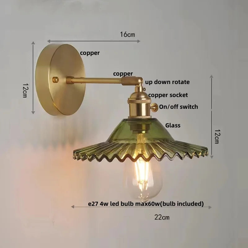 Green Glass LED Wall Lights with Pull Chain Switch - Vintage Copper Sconce