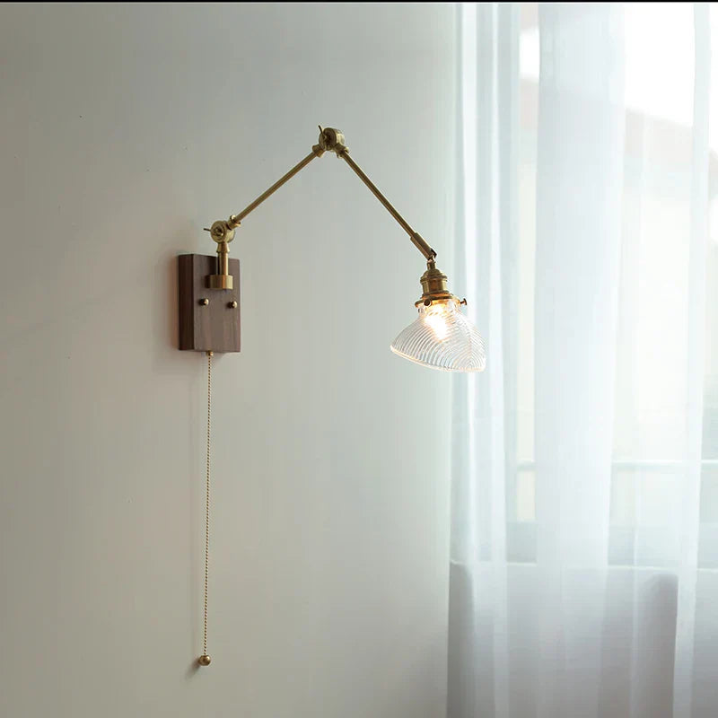 Nordic Green LED Wall Sconce with Swing Arm, Wood Base and Pull Chain Switch