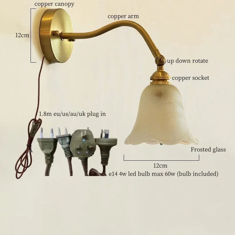 Afralia™ Glass LED Wall Light Fixture Bedroom Stair Living Room Bedside Lamp Vintage Copper