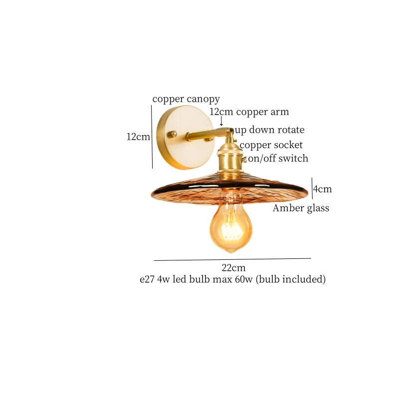 Afralia™ Japanese Amber Glass LED Wall Lamp Copper Vintage Design