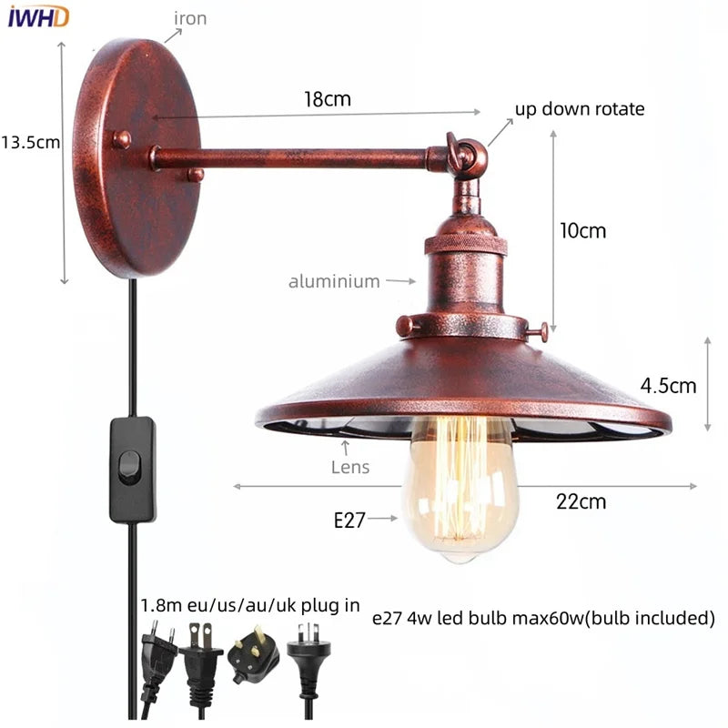 Vintage LED Pull Chain Wall Lights, Industrial Retro Iron Aisle Bedside Lamp