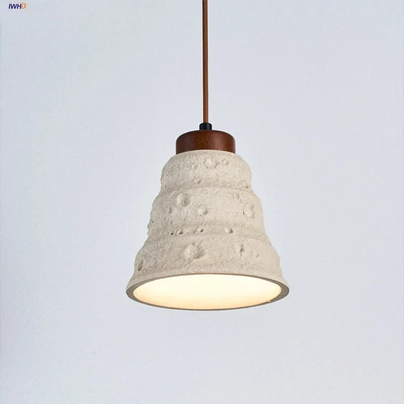 Japanese Style LED Pendant Lights Wood Canopy Cement Lampshade