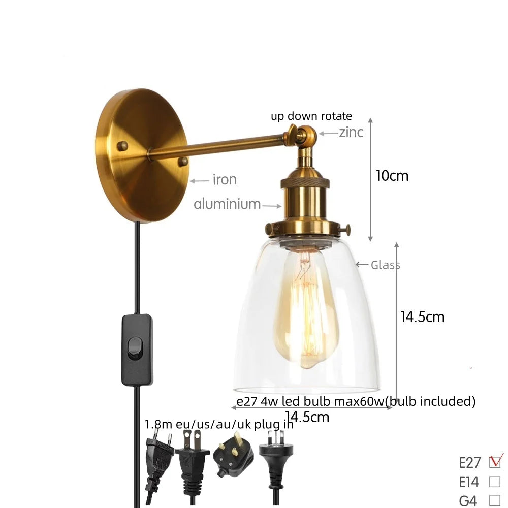 Vintage Single Arm LED Wall Lamp Iron Glass Retro Stair Light
