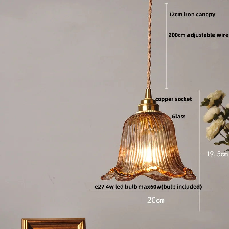 Wood Amber Glass LED Pendant Light Fixture - Nordic Modern Hanging Lamp