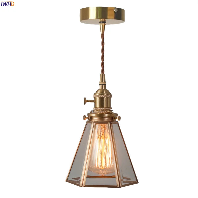 Glass LED Pendant Lights Japanese Brass Hanging Lamp for Kitchen Living Room