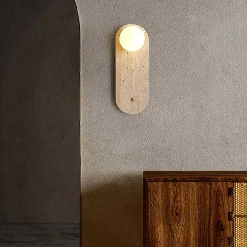 LED Button Switch Wall Light in Yellow Travertine White Glass - Modern Nordic Design