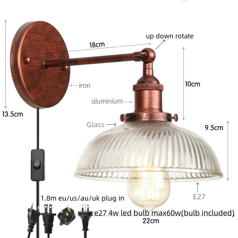 Silver Rural LED Wall Sconce Clear Glass Industrial Art Loft Stair Light