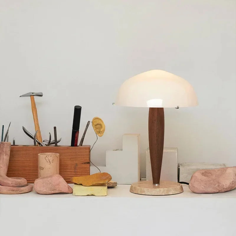SHY3 Walnut Wood Desk Lamp Glass Shade Marble Base Table Light