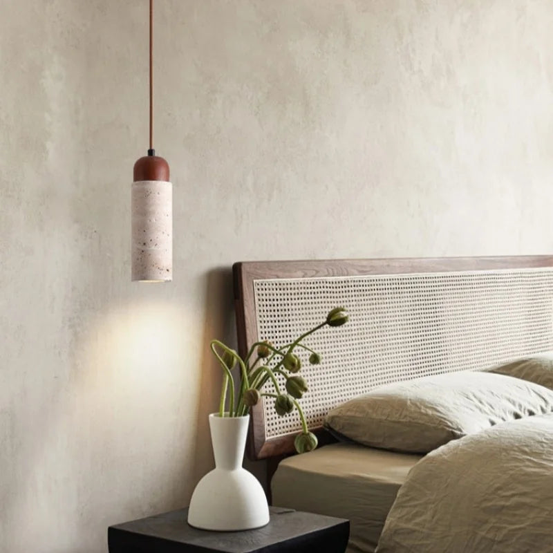 Nordic LED Pendant Lights Yellow Travertine Wood Hanging Lamp