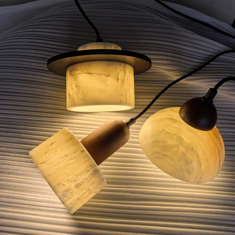 Afralia™ Marble LED Hanging Lights Wood Pendant Lamp for Indoor Home Decor