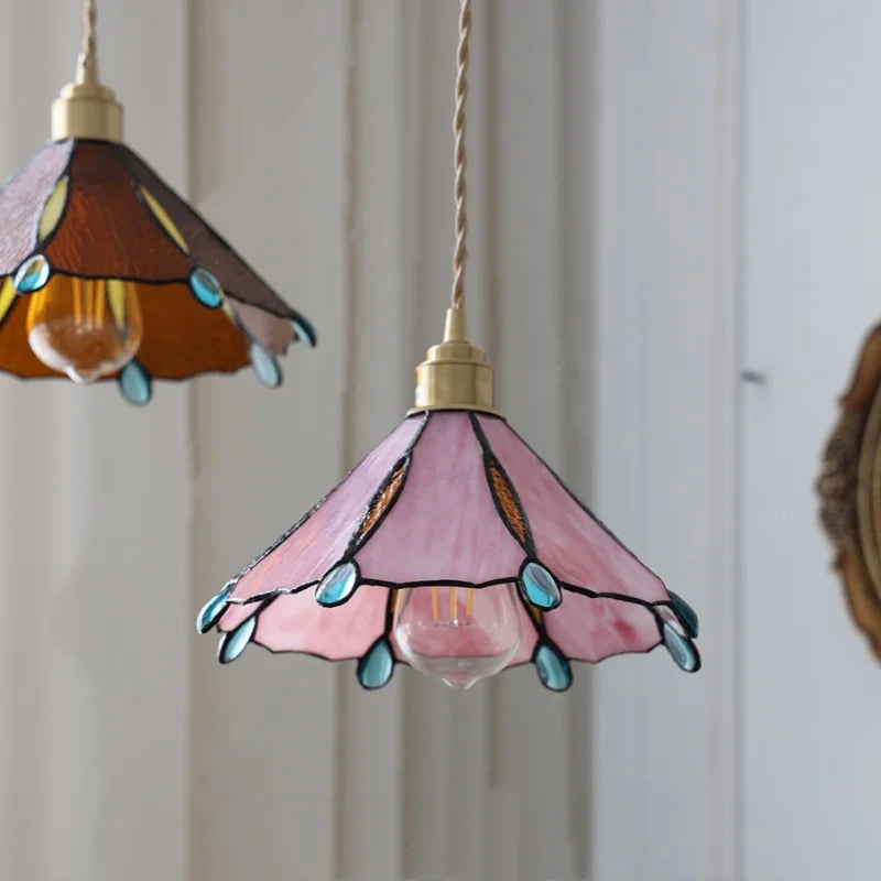 Pink Glass LED Pendant Light Fixture Vintage Style Loft Kitchen Hanging Lamps