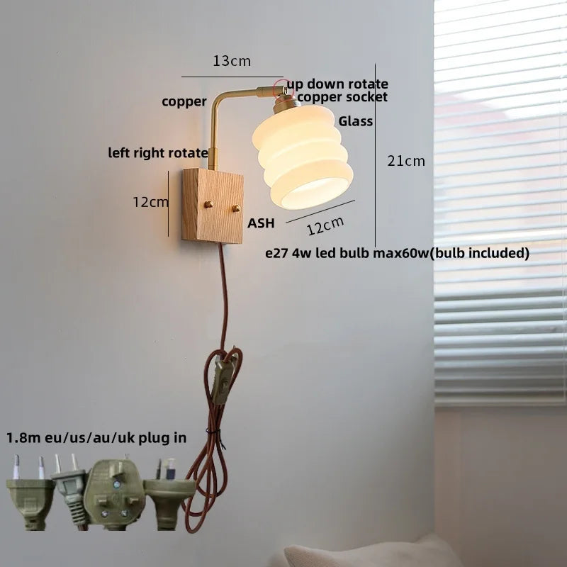 Walnut Wood LED Wall Sconce Rotatable Glass Bedside Lamp Nordic Modern