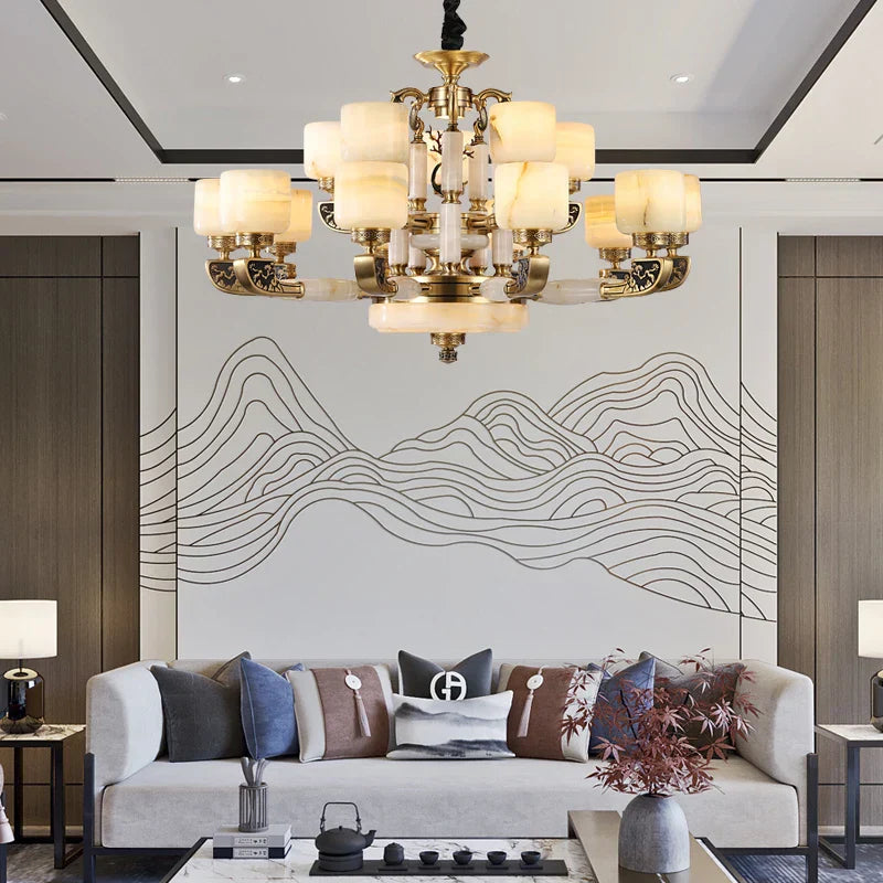 Luxury Chinese Style Copper Jade Living Room Chandelier