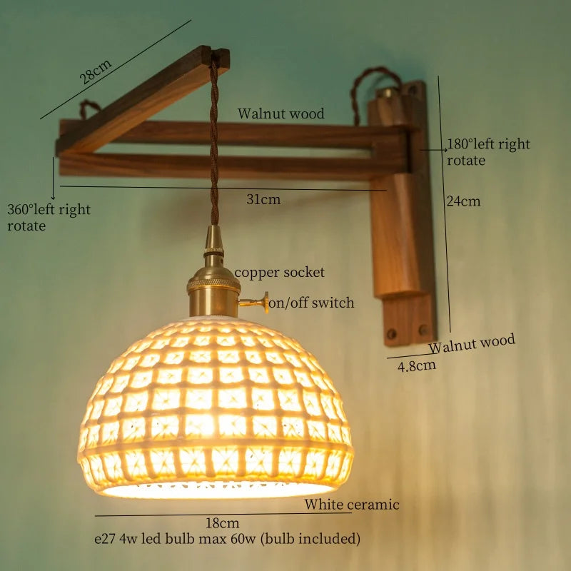 Walnut Wood LED Wall Lamp Copper Ceramic Minimalistic Loft Light