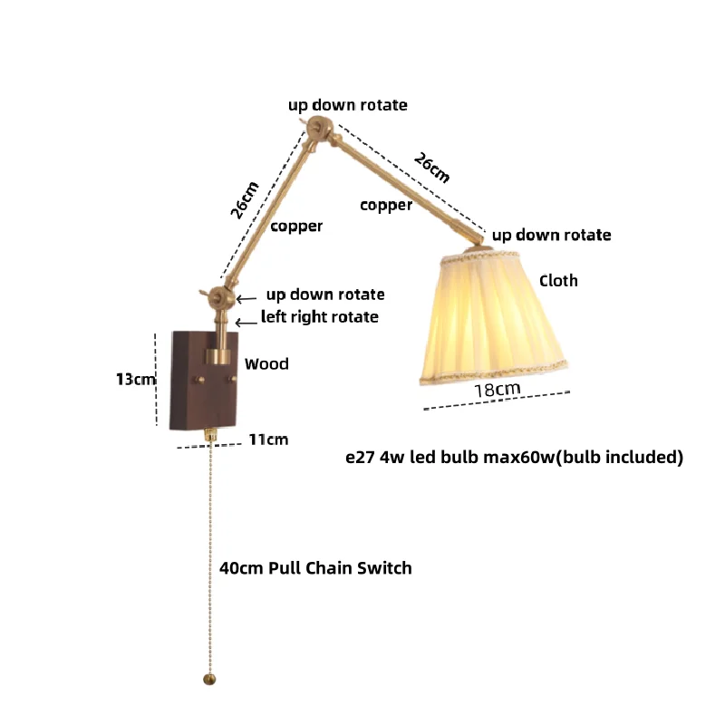 Wood Rotatable 2-Arm LED Wall Sconce with Pull Chain Switch