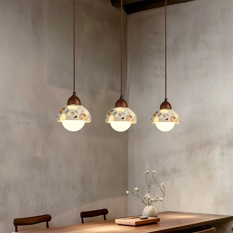Terrazzo Stone Glass Pendant Light Fixture Wood Knob Switch LED Hang Lamp