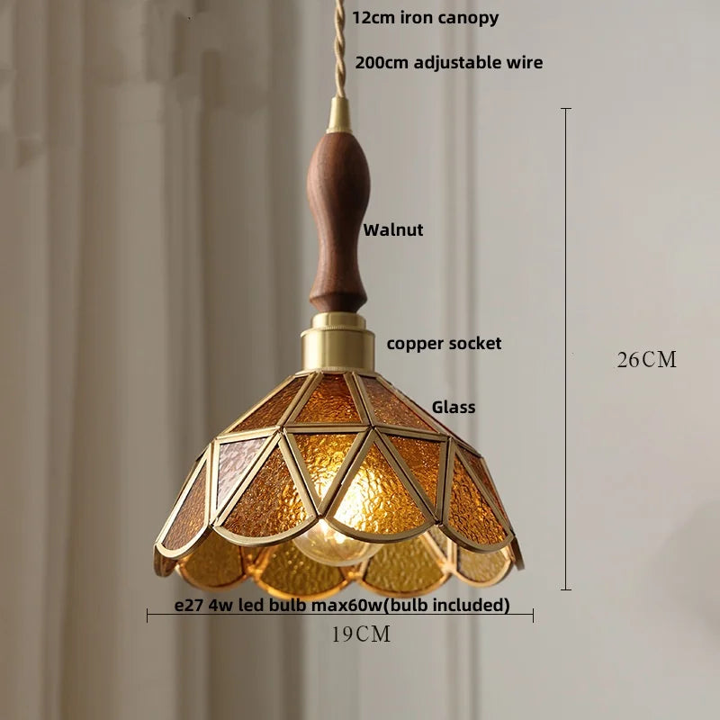 Walnut Wood LED Pendant Lamp with Cyan Glass Shade