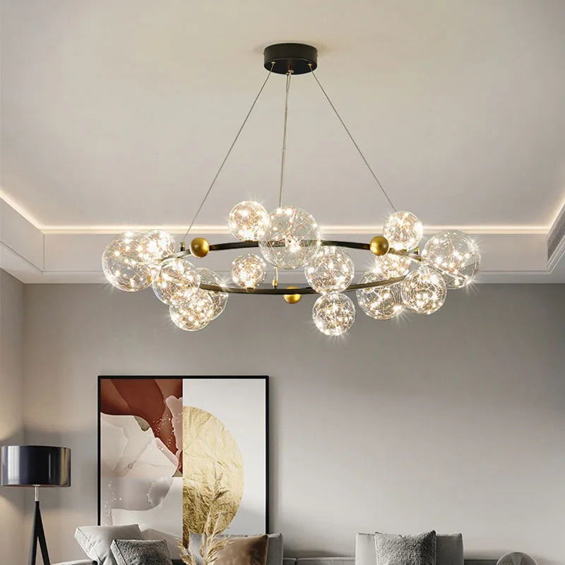 Golden Ring Glass Ball Chandelier with Remote Control for Living Dining Room