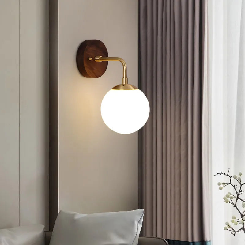 Afralia™ Walnut Wood Glass Wall Light Fixture for Home Decor, Modern Nordic Design