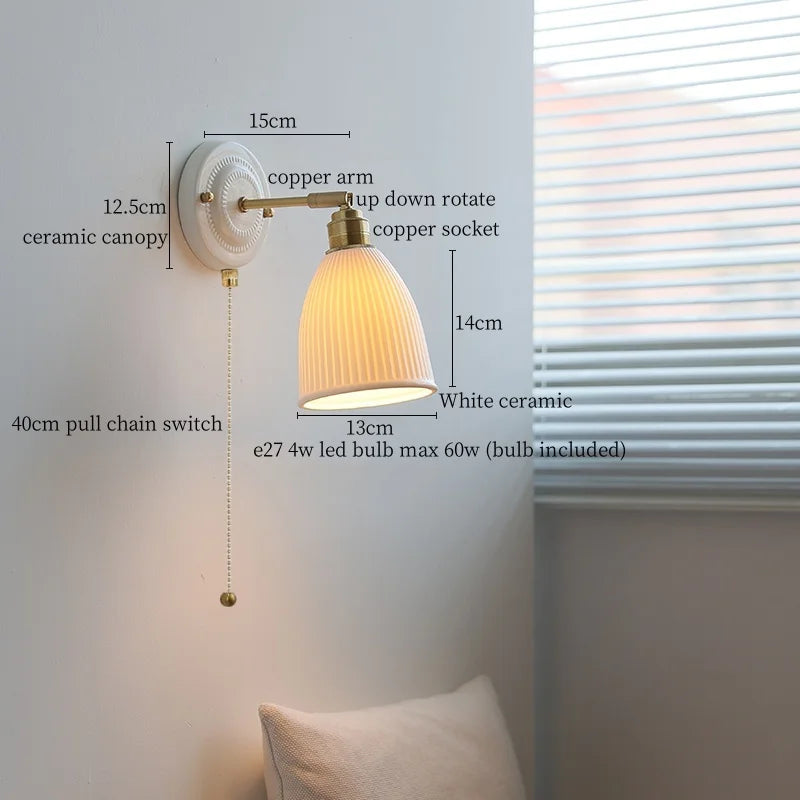 Afralia™ Copper Ceramic LED Wall Light with Pull Chain Switch for Living Room Decor.