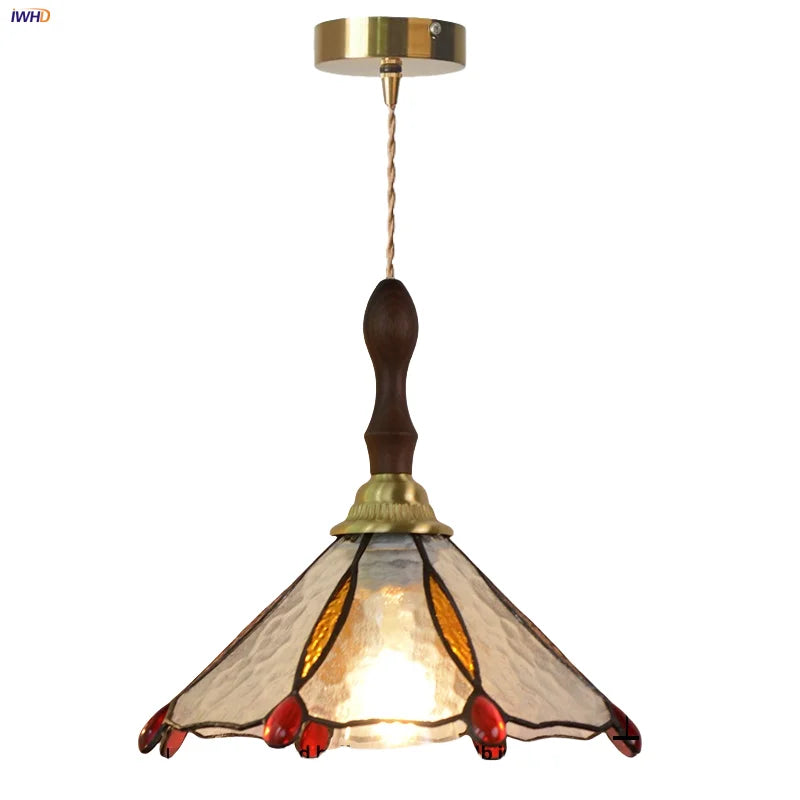 Walnut Wood LED Pendant Tiffany Glass Hanging Lamp - Vintage Dining Room Light