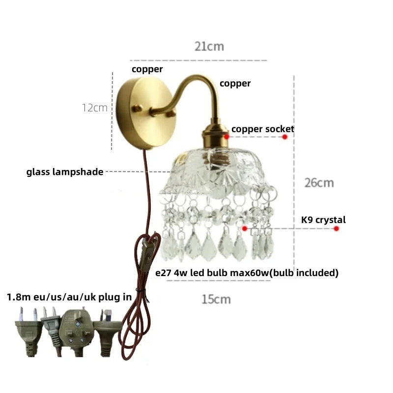 Vintage Crystal LED Wall Lights Pull Chain Switch Copper E14 Stair Fixtures