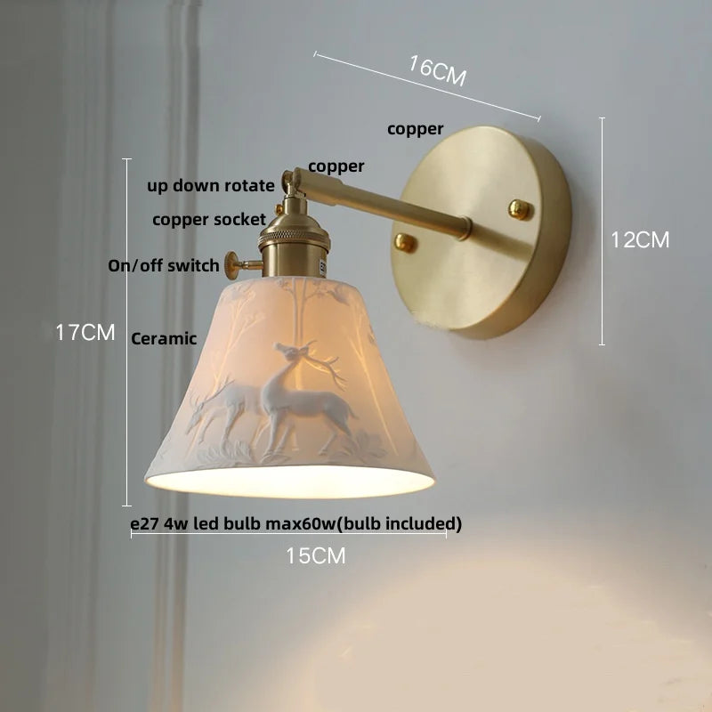 Copper LED Sconce Wall Lamp Pull Chain Switch Nordic Modern Ceramic Mirror Light