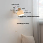 Afralia™ White Ceramic LED Wall Light with Pull Chain Switch and Wood Base