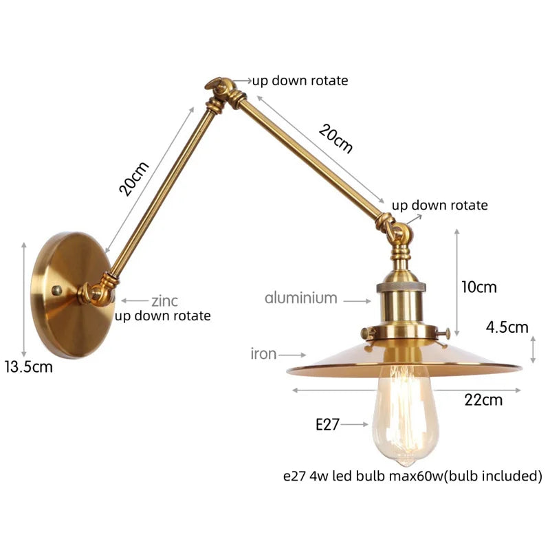 Vintage Industrial Long Arm Adjustable LED Wall Sconce Pull Chain Switch Bedside Lamp