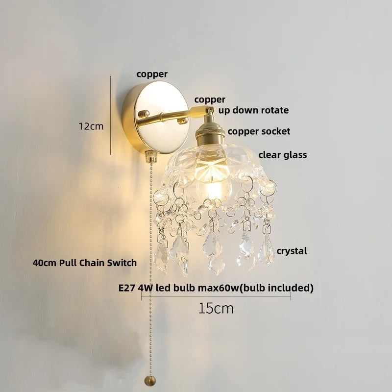 Rotatable LED Wall Sconce Clear Glass Reading Lamp with Pull Chain Switch