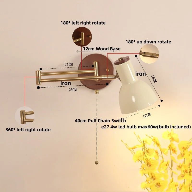 Walnut Wood LED Wall Sconce Pull Chain Switch Stair Light