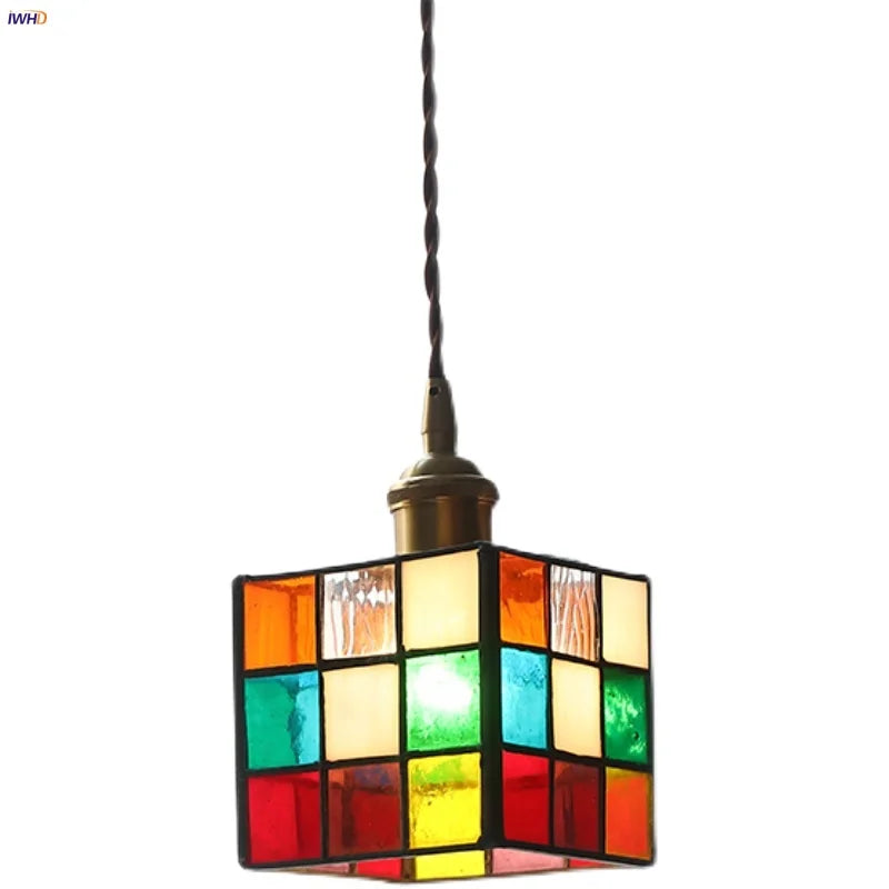 Colorful LED Glass Pendant Light Fixture, Modern Nordic Cube Hang Lamp