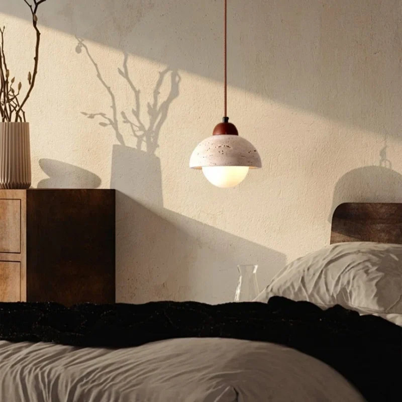 Wood Stone LED Pendant Light Yellow Travertine Modern Luminaria