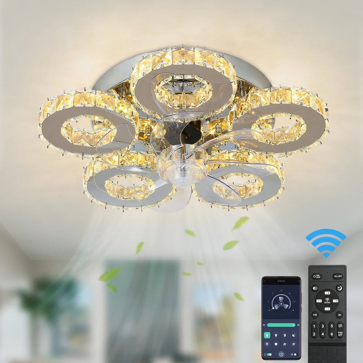 Crystal Luxury Ceiling Fan with LED Lamp Chandelier Smart Home Decor Fixtures