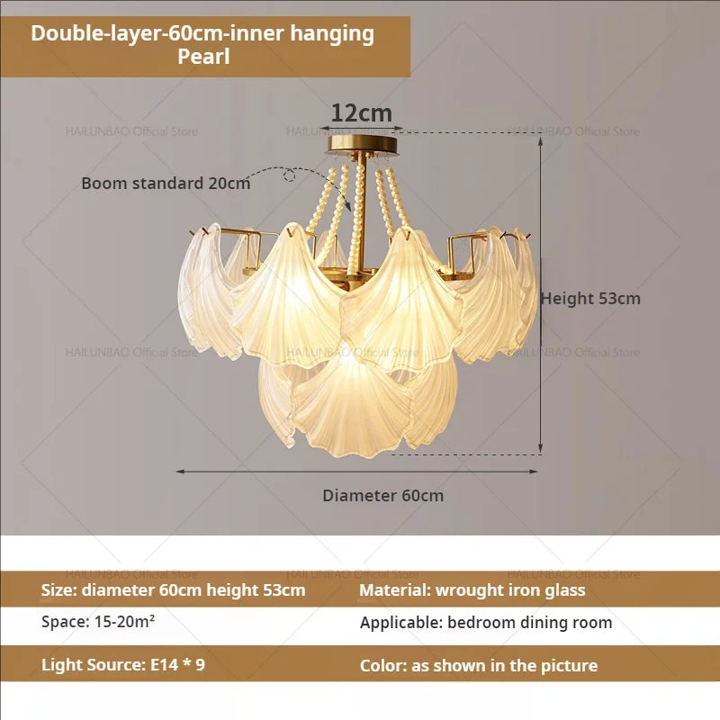 Pearl Crystal Chandelier for Dining Living Bedroom, Elegant French Shell Glass Light