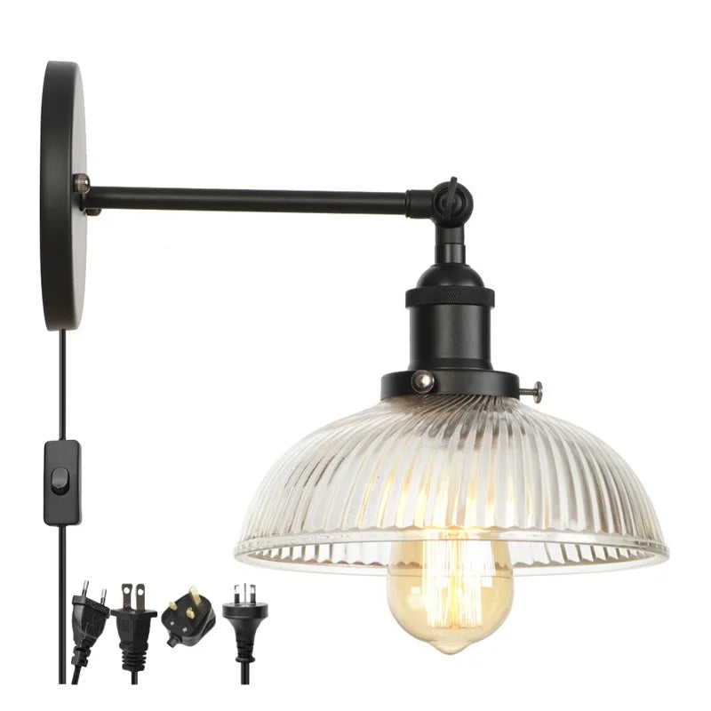 Black LED Wall Lamp Vintage Style Iron Bedside Light Glass Wall Sconce