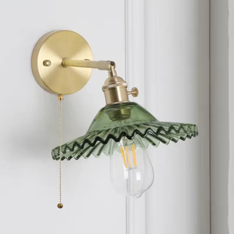 Vintage Green Glass LED Wall Light with Pull Chain Switch