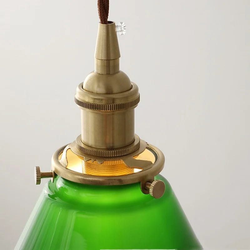 Copper Canopy LED Pendant Light Fixture Green Glass Hanging Lamp