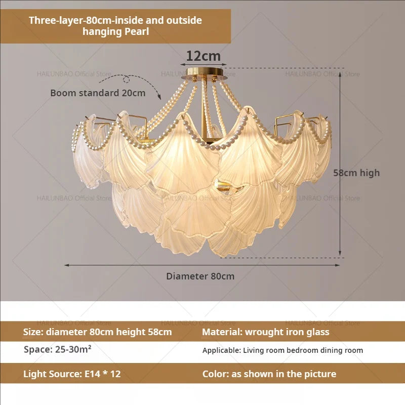Pearl Crystal Chandelier for Dining Living Bedroom, Elegant French Shell Glass Light