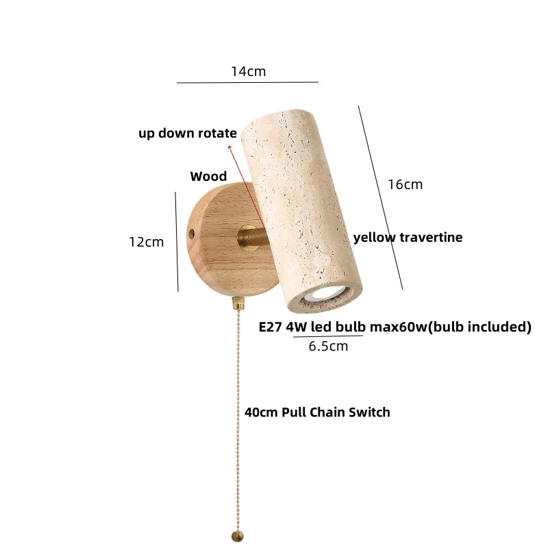 LED Wall Sconce Yellow Travertine Stone Wood Nordic Modern Rotate Bedside Lamp