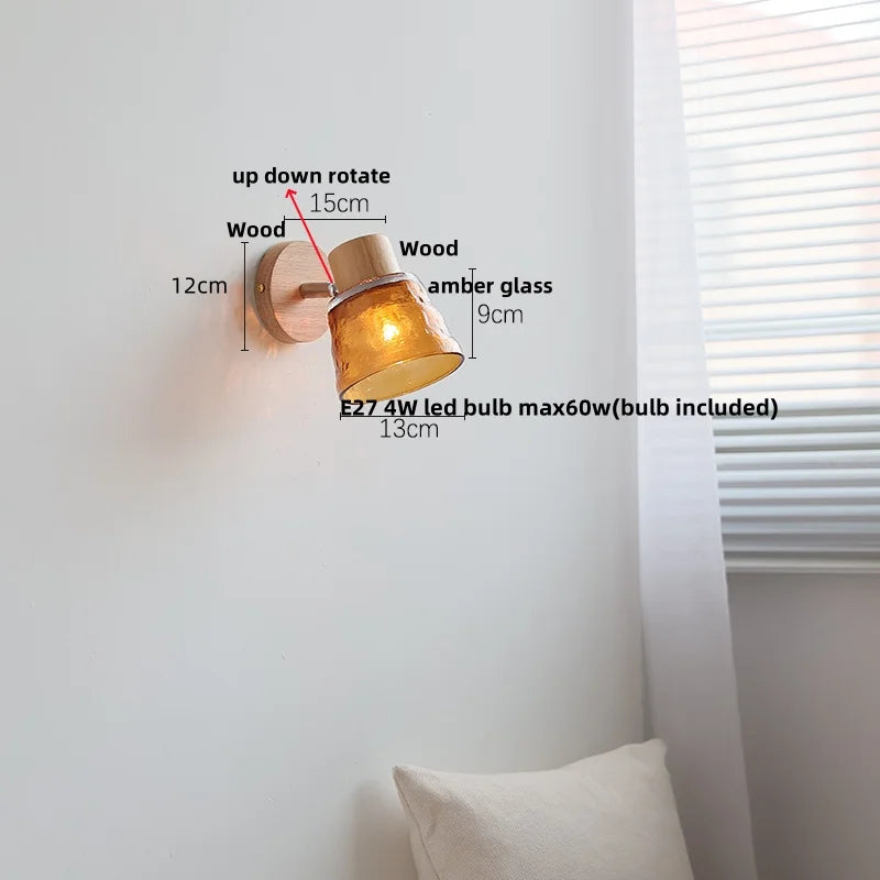 Amber Glass LED Wall Sconce Nordic Modern Wood Pull Chain Switch Stair Light