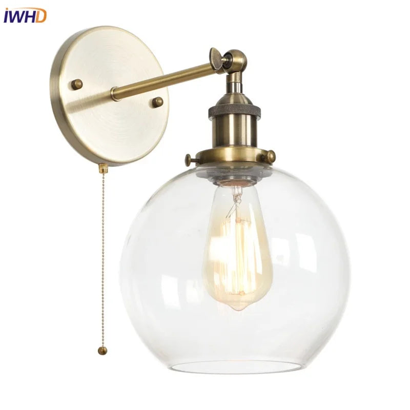 Vintage Glass LED Wall Sconce Iron Pull Chain Switch Light
