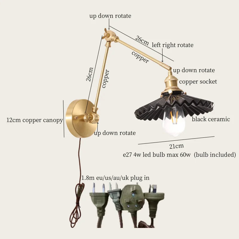 Afralia™ Cream Resin LED Wall Lights with Pull Chain Switch - Vintage Copper Bedside Lamp