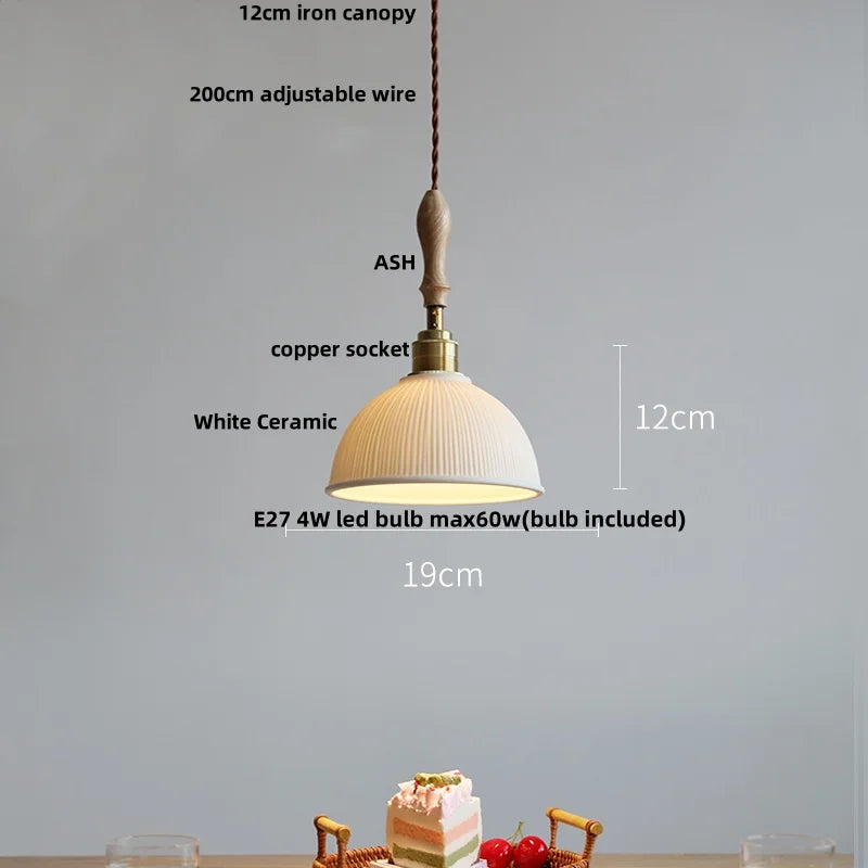 LED Pendant Light Ash Wood White Ceramic Japanese Style Hanging Lamp