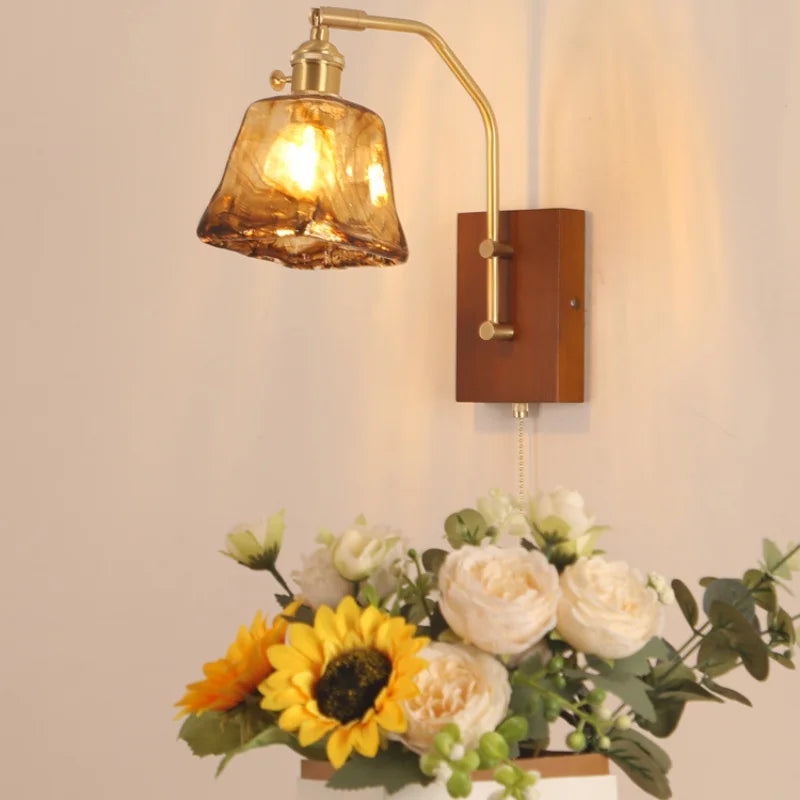 Afralia™ LED Glass & Wood Wall Lamp with Pull Chain Switch for Living Room Bedroom Mirror